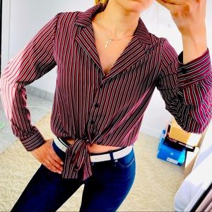 Striped burgundy women cropped blouse stripes long sleeves